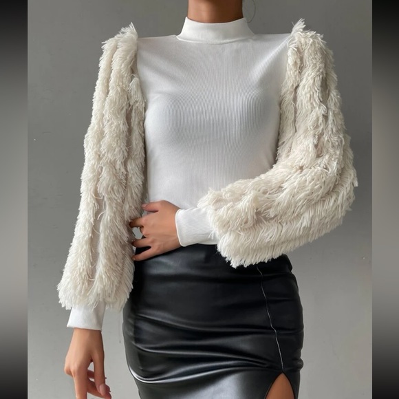 Cozy Faux Fur Fuzzy Long Puff Cuff Sleeve Mock Neck Top Blouse Shirt Black - Picture 13 of 16